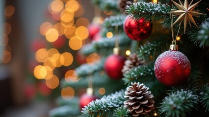 Glistening Christmas Tree Branch with Red Baubles and Snow
