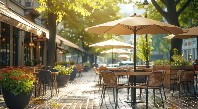 A quaint cafe patio with tables and chairs under large umbrellas, outdoor.