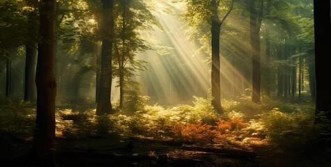 Obraz premium Sunlight beams through misty forest.