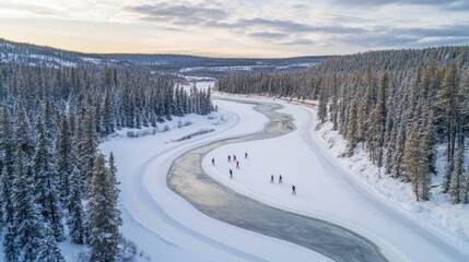 Winding Frozen River Surrounded by Snowy Landscape