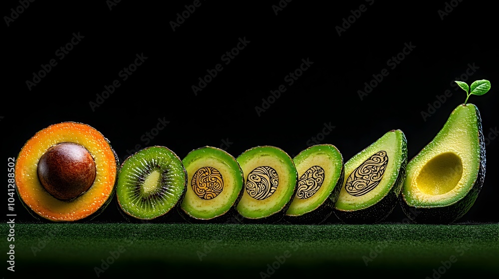 Poster captivating slice showcases the intricate spiral patterns concealed within an avocado seed highlight