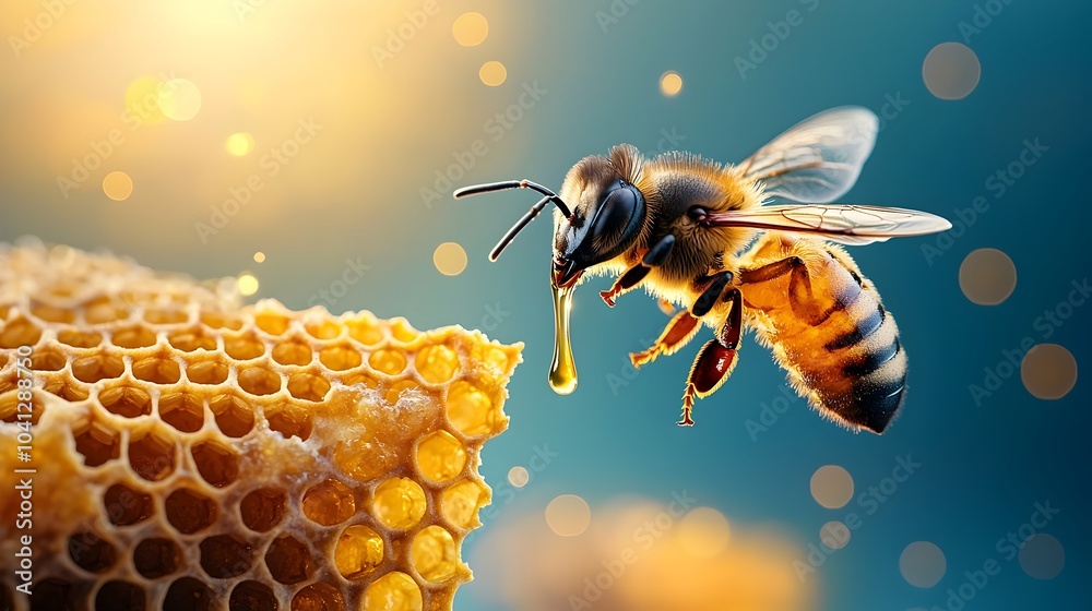 Poster Close up cross section of a natural honeycomb structure dripping with thick golden honey from each individual hexagonal cell  The sweet sticky liquid flows down the intricate pattern of the honeycomb