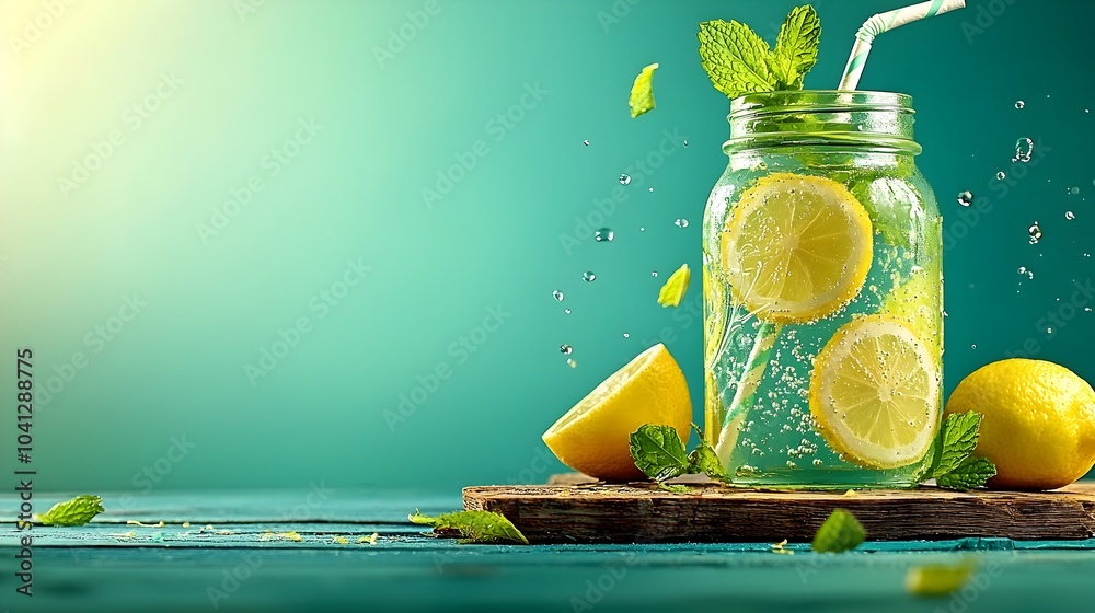 Aufkleber close up cross section of a glass lemonade jar displaying floating lemon slices and fresh mint leave