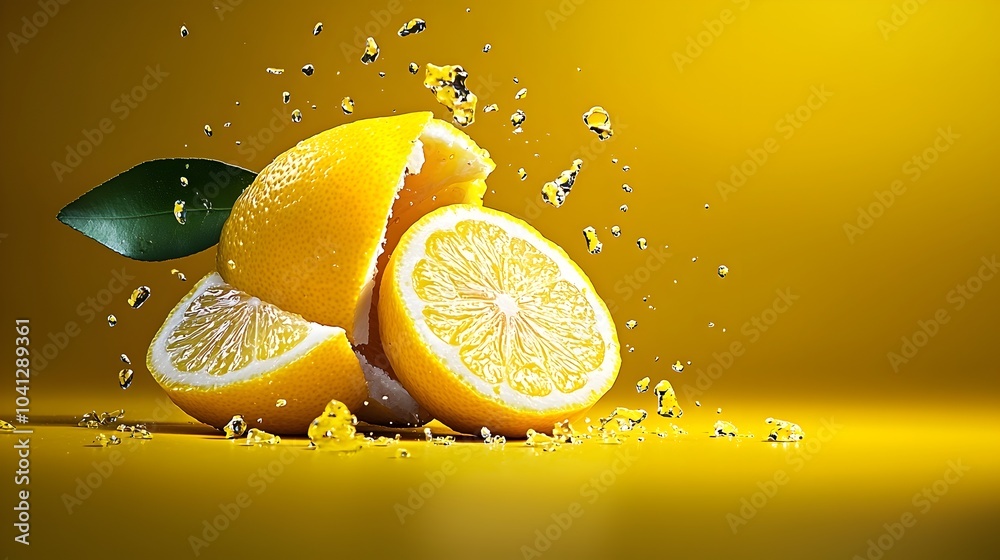 Poster close up of a vibrant freshly sliced lemon revealing its intricate circular segments and juicy pulpy