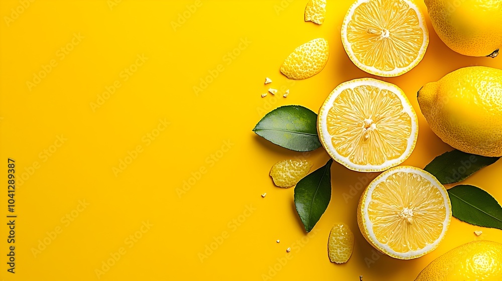 Poster Close up of a sliced lemon revealing the intricate circular segments and juicy translucent pulp within  The vibrant yellow fruit showcases a beautiful geometric pattern and natural texture