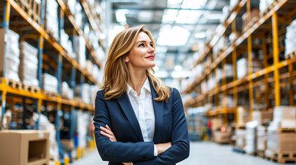 confident businesswoman in sharp suit stands in large warehouse, surrounded by shelves filled with boxes. She exudes professionalism and leadership in this industrial setting