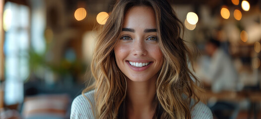 Naklejka premium Smiling woman that is a CEO, being interviewed live on social media.