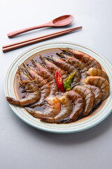 Korean Soy Sauce Shrimp With Bright Gray Background  밝은 회색 배경의 한국식 간장새우