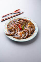 Korean Soy Sauce Shrimp With Bright Gray Background  밝은 회색 배경의 한국식 간장새우