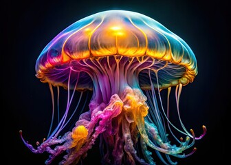 Fototapeta premium Gorgeous jellyfish captured in stunning detail on a striking black background, creating a captivating visual experience perfect for showcasing innovative product photography.