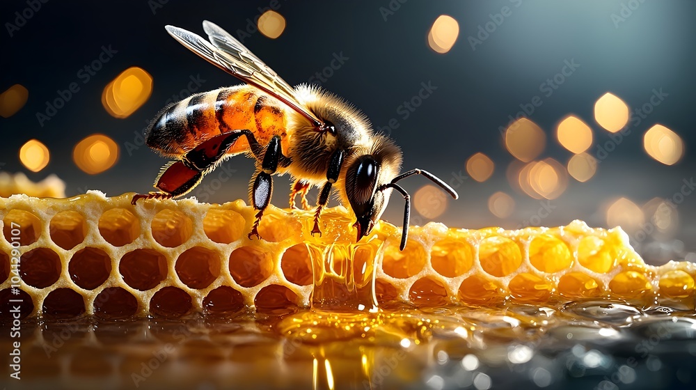 Poster Closeup of Luscious Golden Honey Dripping and Oozing from the Hexagonal Cells of a Honeycomb Structure  Textured and Glistening Organic Natural Food Background with Copy Space