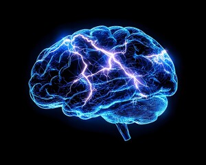 Glowing Blue Brain with Electric Neural Currents Symbolizing Cognitive Energy