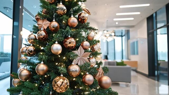 A decorated Christmas business center hall featuring a festive tree adorned with golden ornaments in a modern space