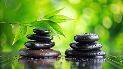 Balanced Stack of Wet Black Stones with Fresh Green Leaves, Symbolizing Harmony, Wellness, Tranquility, and Nature's Beauty for Relaxation and Meditation Purposes