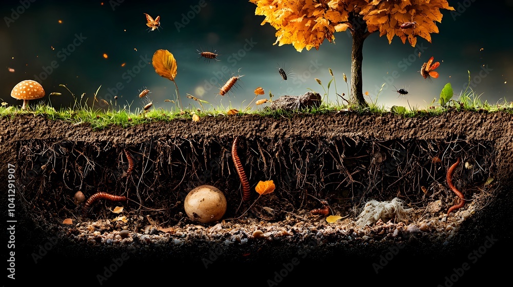 Aufkleber Cross section of a Forest Floor Highlighting the Intricate Ecosystem of Worms Insects and Decomposing Organic Matter