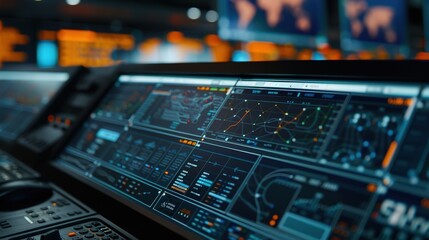 Fototapeta premium Modern Network Security Interface: Intricate Cyber Defenses, Encrypted Data Streams, Neon Cityscape Backdrop