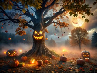 Halloween Spooky Tree with Face - Long Exposure Photography of Silly Monster Eyes in Dark Atmosphere