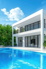 Fototapeta premium Modern white house with a swimming pool and lush green trees in the background under a blue sky with white clouds.