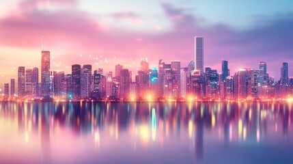 Fototapeta premium Vibrant City Skyline at Dusk Reflection