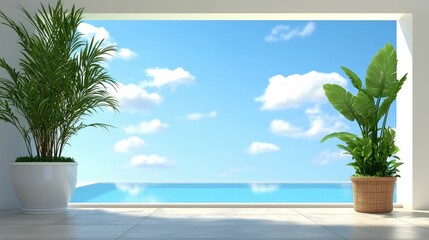 Obraz premium A view of a swimming pool from a balcony with two potted plants. The sky is blue and there are white clouds.