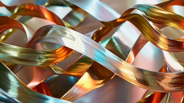 Colorful ribbons intertwine in dynamic display, showcasing vibrant hues of gold, silver, and copper, while glossy textures add depth and evoke sense of movement and elegance.