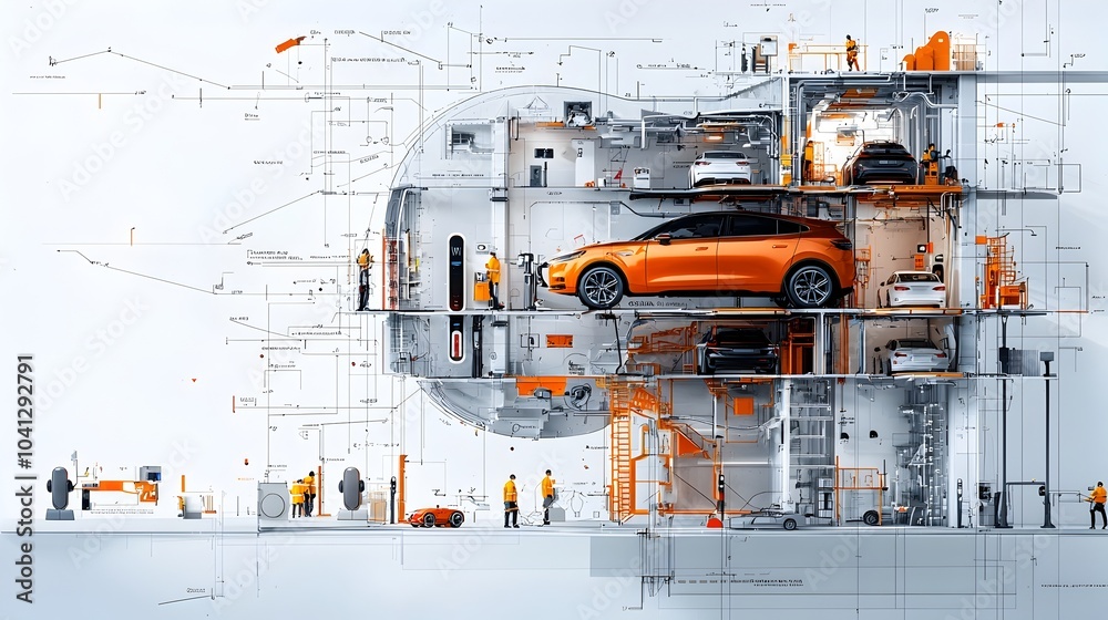 Poster cross section of a modern energy efficient underground parking structure featuring electric vehicle 