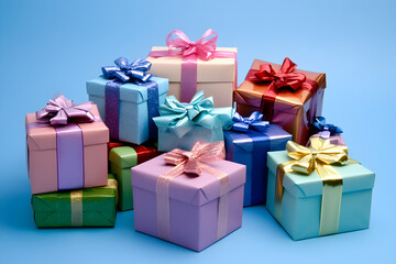 Fototapeta premium A lot of presents are prepared on the green background, wrapped and tied with bows, ready to give joy to the children.