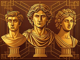 Fototapeta premium Hand-drawn vintage sculptures in a graceful golden line style, reflecting the splendor of Ancient Greek art, echoing cultural aesthetics and artistic mastery throughout history.