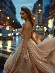 Naklejka premium A model wearing a long dress fashion running on the city street, at night.
