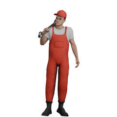 Mechanic's Daily Workshop in 3D.  A male mechanic stands while carrying a Y crank on his left shoulder. Male Cartoon