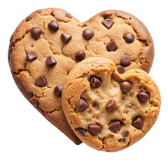 Chocolate chip cookie in heart shape top view isolated on transparent background