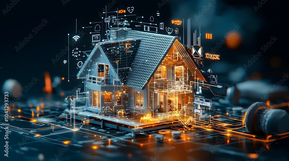 Aufkleber Cross section view showcasing the integrated interconnected systems and devices that enable smart home automation and Internet of Things IoT functionality for a modern futuristic