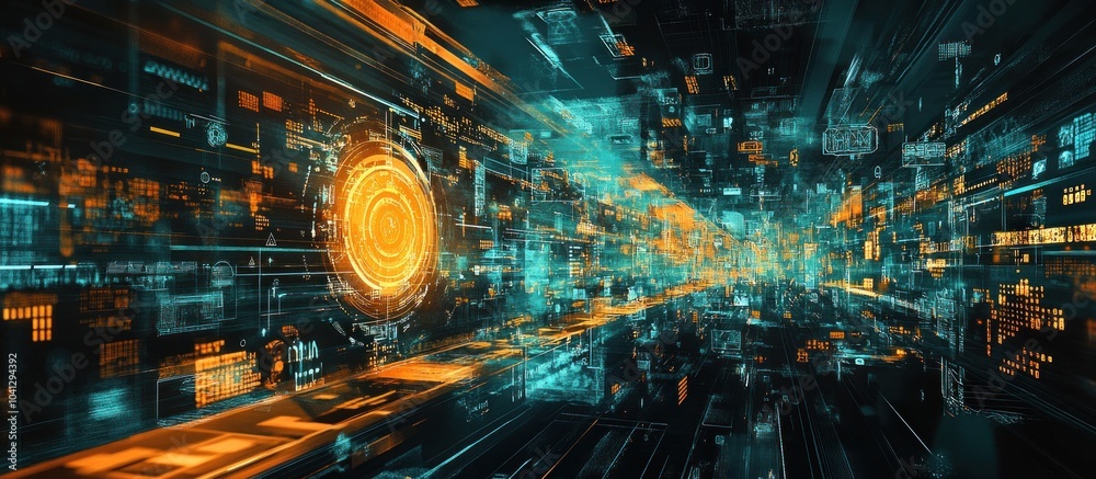Wall mural futuristic abstract background with glowing orange and blue digital lines and data.