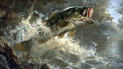 "Angler's Delight: Witness the Majestic Jump of a Large-Mouth Bass Breaking the Surface"