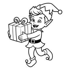 Festive Elf Carrying a Gift Outline Illustration