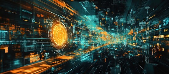 Fototapeta premium Futuristic abstract background with glowing orange and blue digital lines and data.