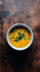 Delicious vegetable soup with a sprinkle of fresh parsley is presented on a rustic wooden table