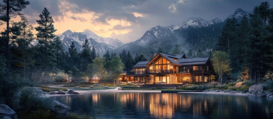 Fototapeta premium A modern log cabin home sits on the edge of a serene lake with snow-capped mountains in the background. 