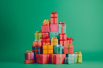 Naklejka premium A lot of presents are prepared on the green background, wrapped and tied with bows, ready to give joy to the children.
