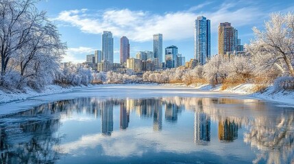Obraz premium Skyline Reflected in Frozen Lake with Cityscape