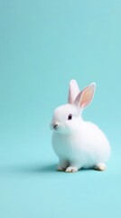 Fototapeta premium Cute White Bunny on Turquoise Background
