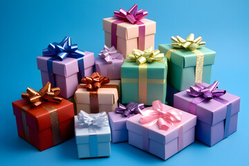 Obraz premium A multitude of gifts are prepared on a bright blue background, neatly wrapped and tied with bows, ready to be given to the children.