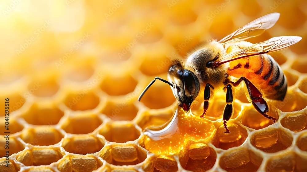 Poster Detailed close up view of a cross section of a honeycomb showcasing the intricate hexagonal structure filled with rich golden honey dripping and oozing from each individual cell