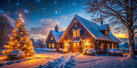 Captivating Holiday Cheer with Twinkling Christmas Lights on a Snow-Covered House in a Winter Wonderland at Night