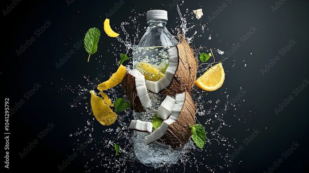 Aufkleber detailed cross section of a coconut water bottle revealing the liquid pulp and outer shell compositi