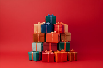 A lot of presents are prepared on the red background, wrapped and tied with bows, ready to give joy to the children.