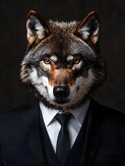 Fierce Wolf in Sleek Black Suit Symbolizing Ambition and Competitiveness in the Corporate Jungle