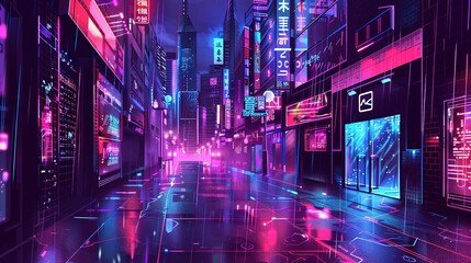 Naklejka premium Modern Network Security Interface: Intricate Cyber Defenses, Encrypted Data Streams, Neon Cityscape Backdrop