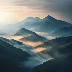 Misty sunrise over rolling green hills and forest