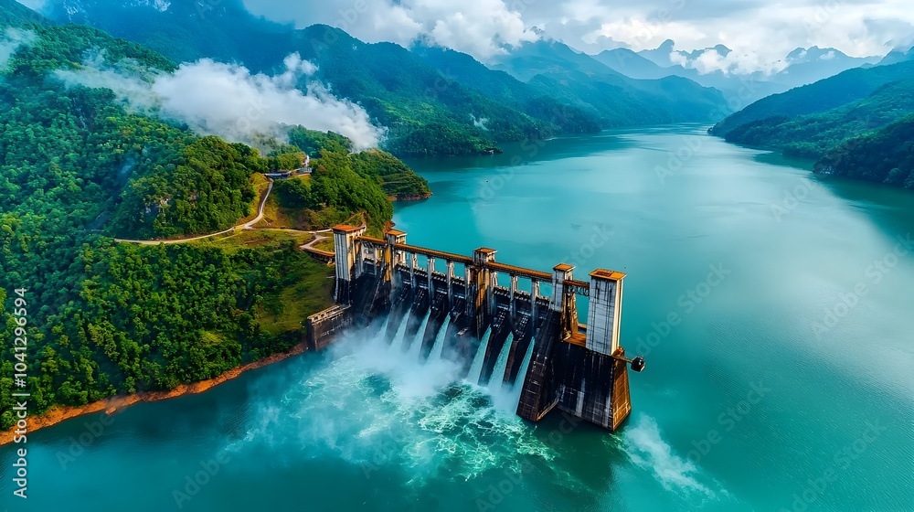 Poster detailed cross section of a hydroelectric dam showcasing the process of water flow through turbines 